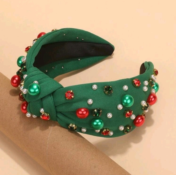 Green headband with multicolored stones and pearls - Picture 3 of 4